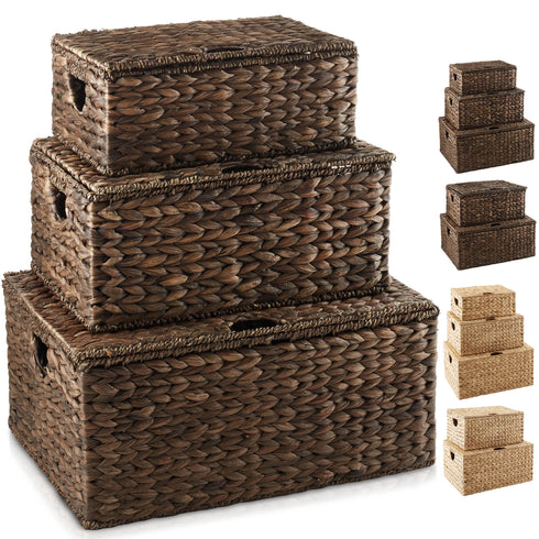 Water Hyacinth Rectangular Storage Basket Sets with Lids